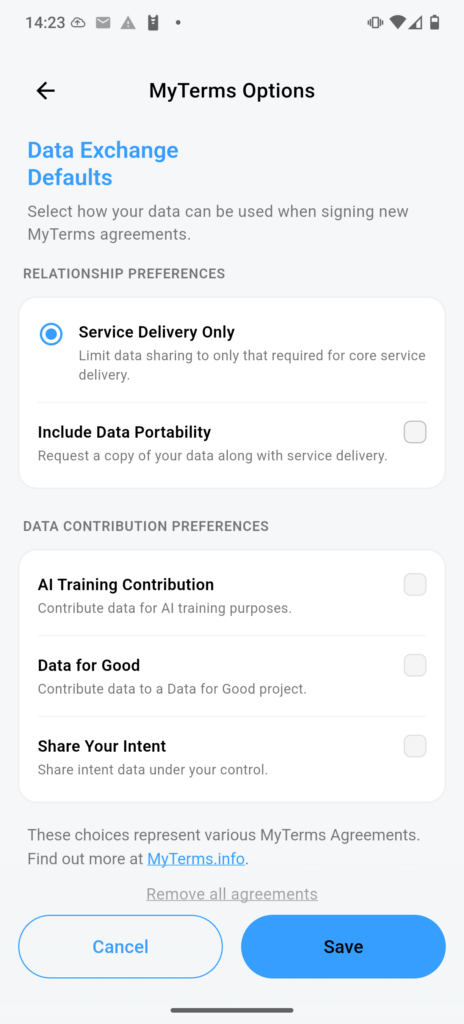 Illustrative MyTerms app based agent